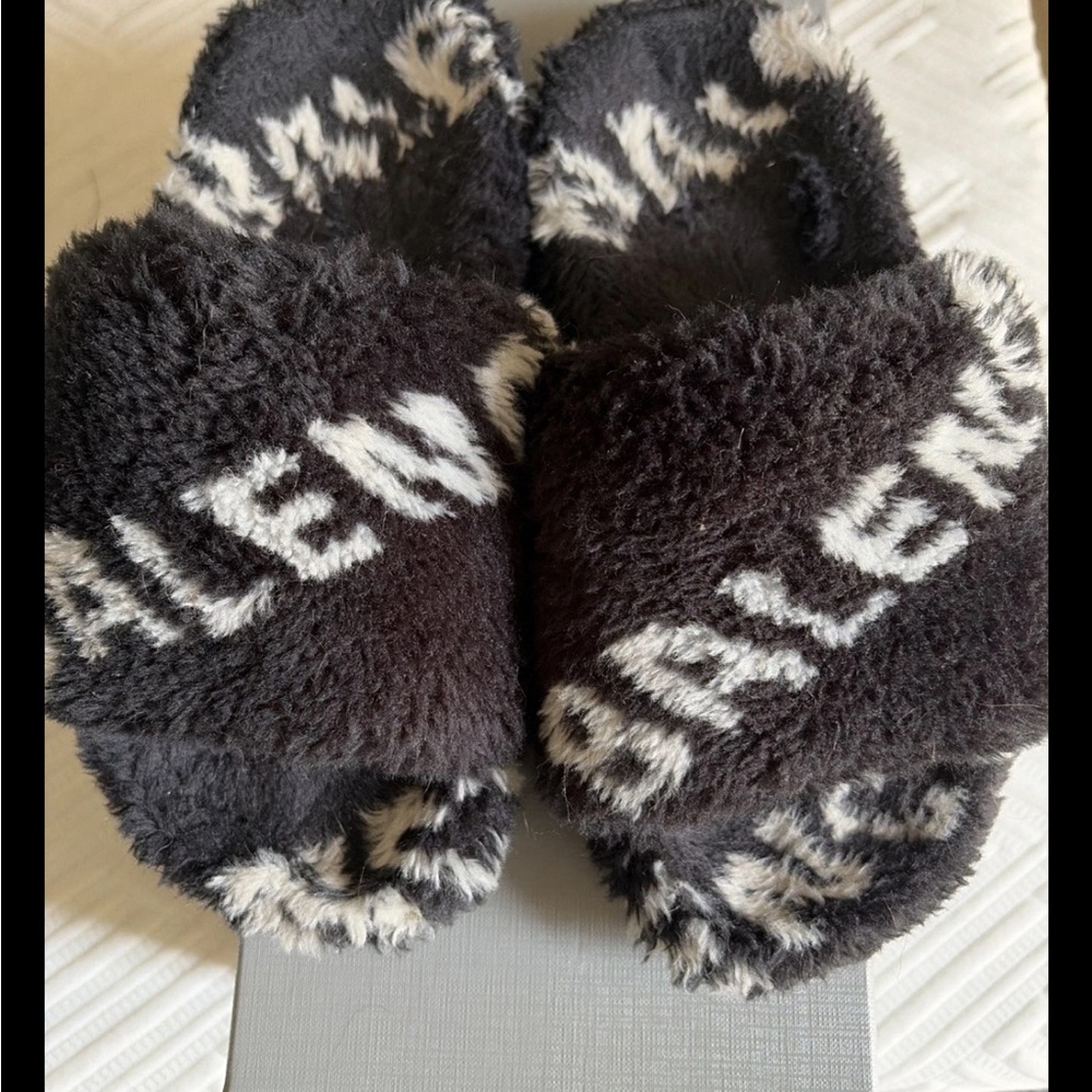 Balenciaga Black and White Fur Slides